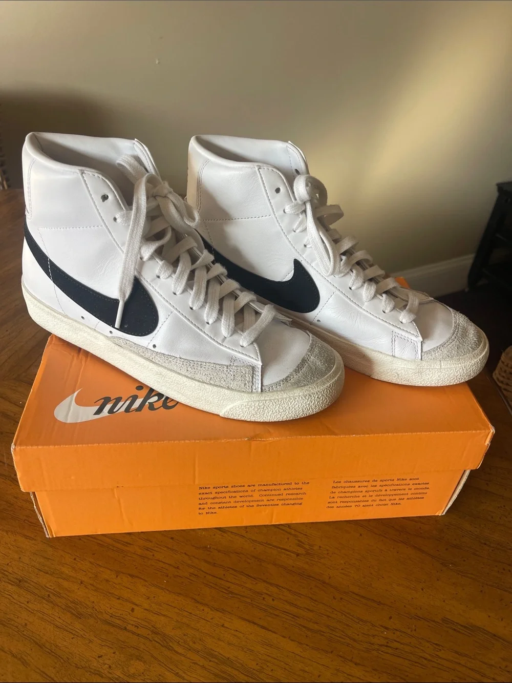 Nike Size 8 White High-Top Sneakers with Black Swoosh